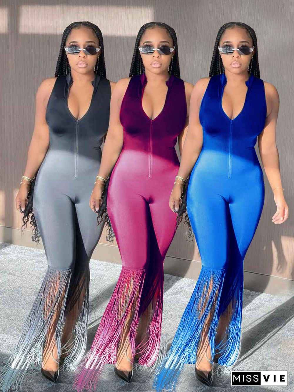 Women Sexy Solid Color Sleeveless Zipper Upper Tassel Skinny Mid Waist Night Clubwear Cropped Jumpsuit