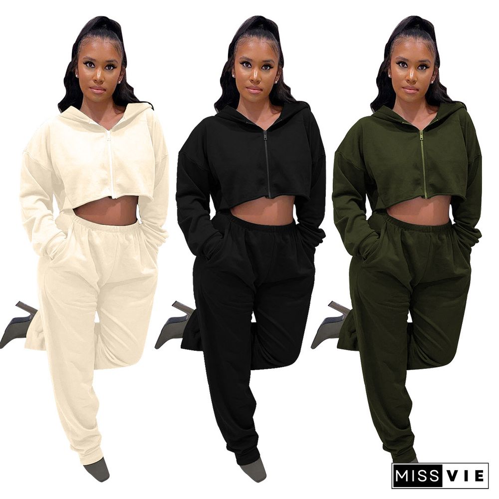 Thicken Zip Hooded Crop Top Wide Leg Pants Set