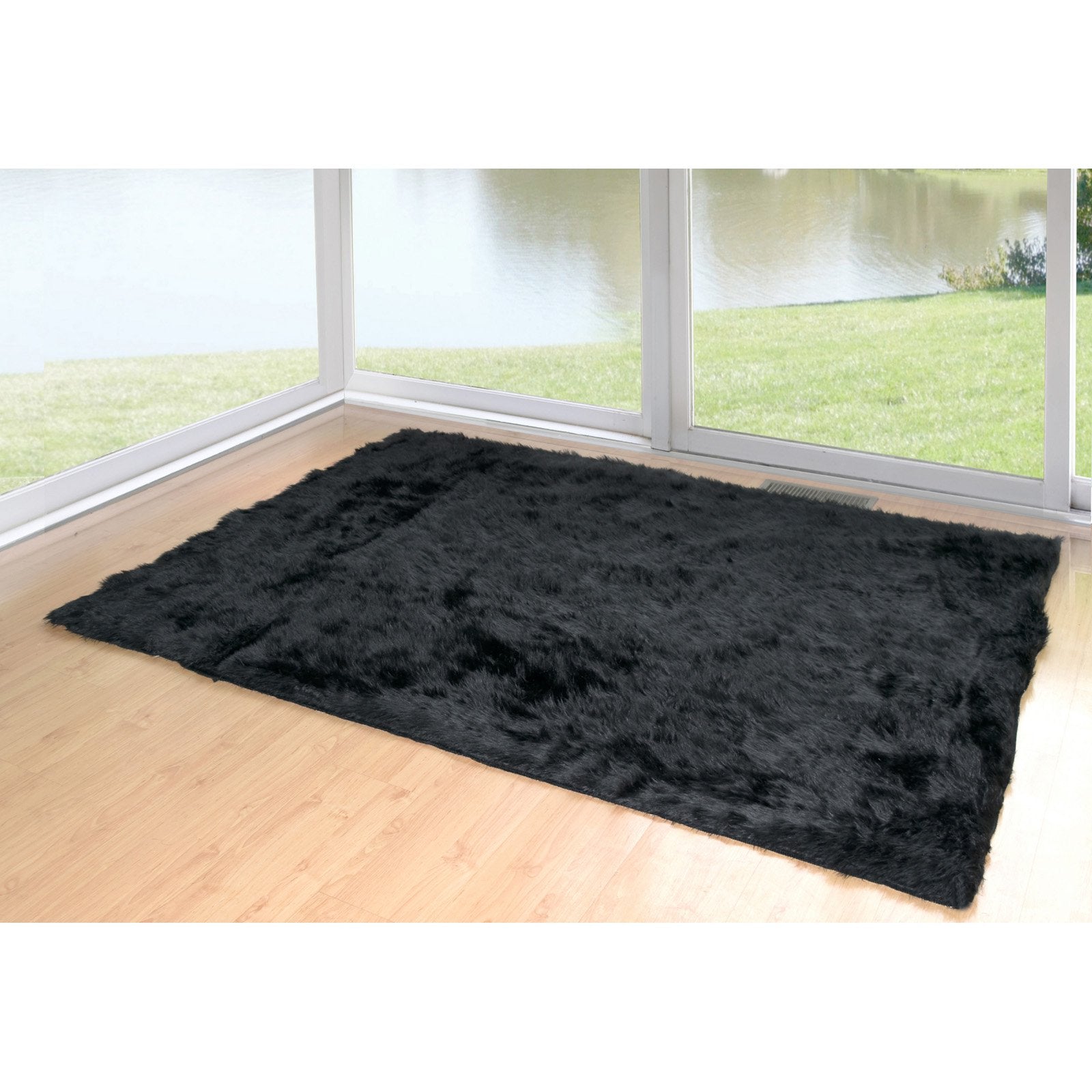 Ailis Faux Sheepskin Fur Area Rug Black Rectangular 7x5