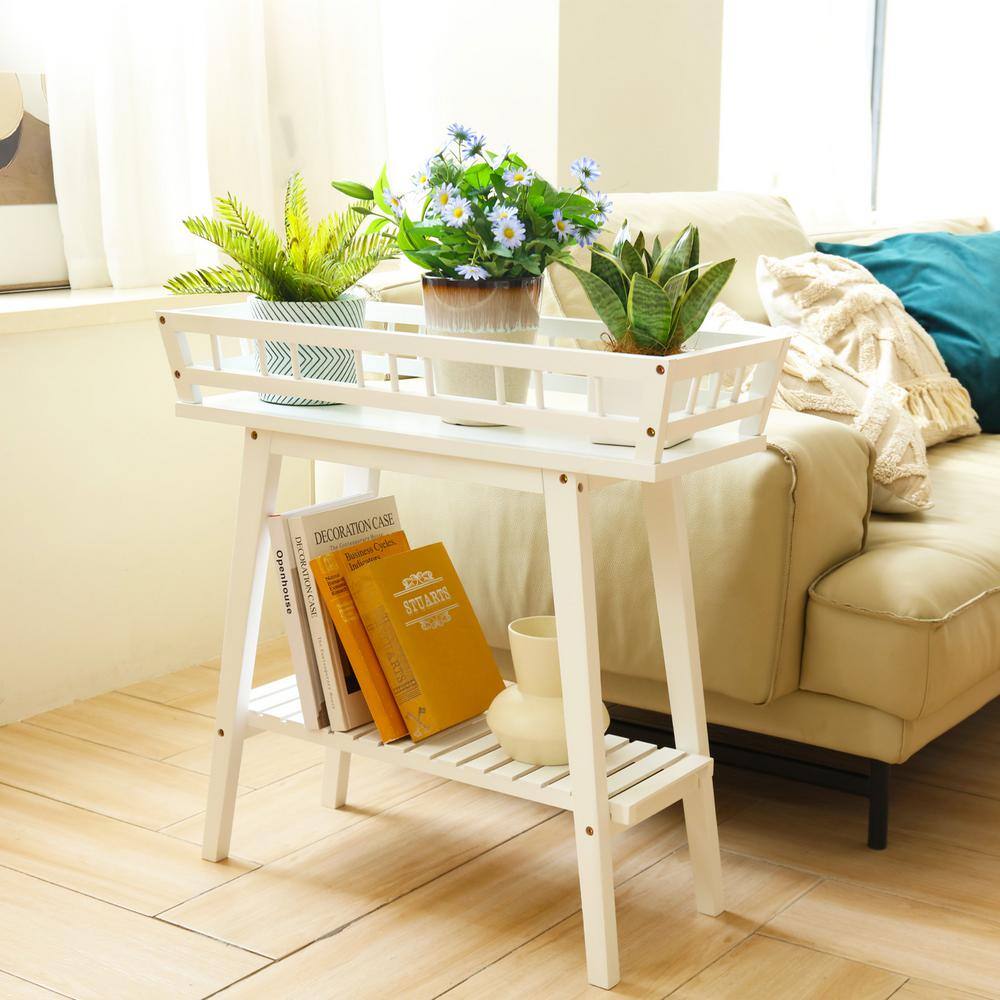 AESOME 2-Tier White Plant Stand 27.7 in. Tall Rectangular Modern Wooden Display Shelving Rack Holder for Sofa Side Home Decor HJ798