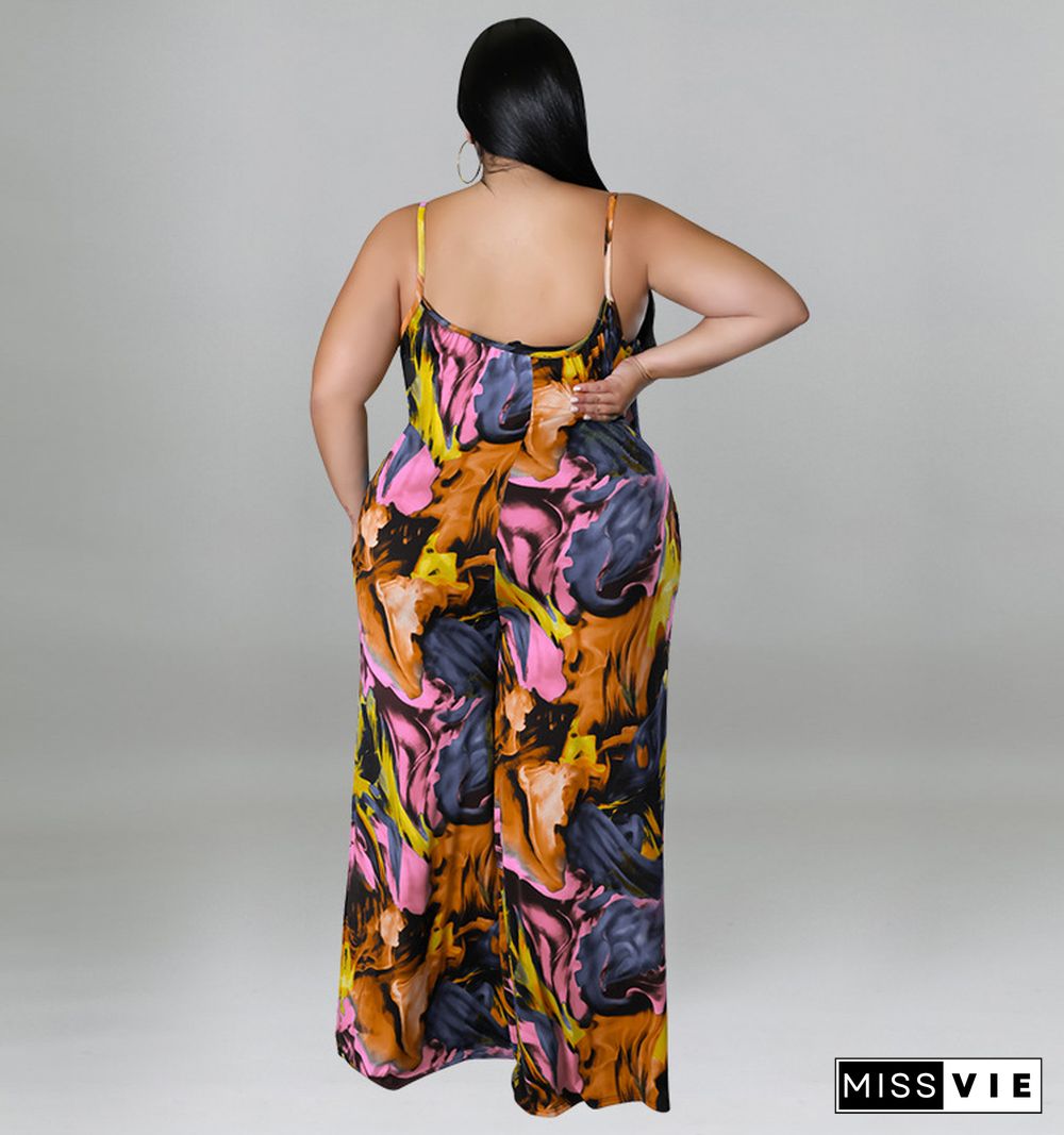 Plus Size Print Wide Leg Jumpsuit with Belt