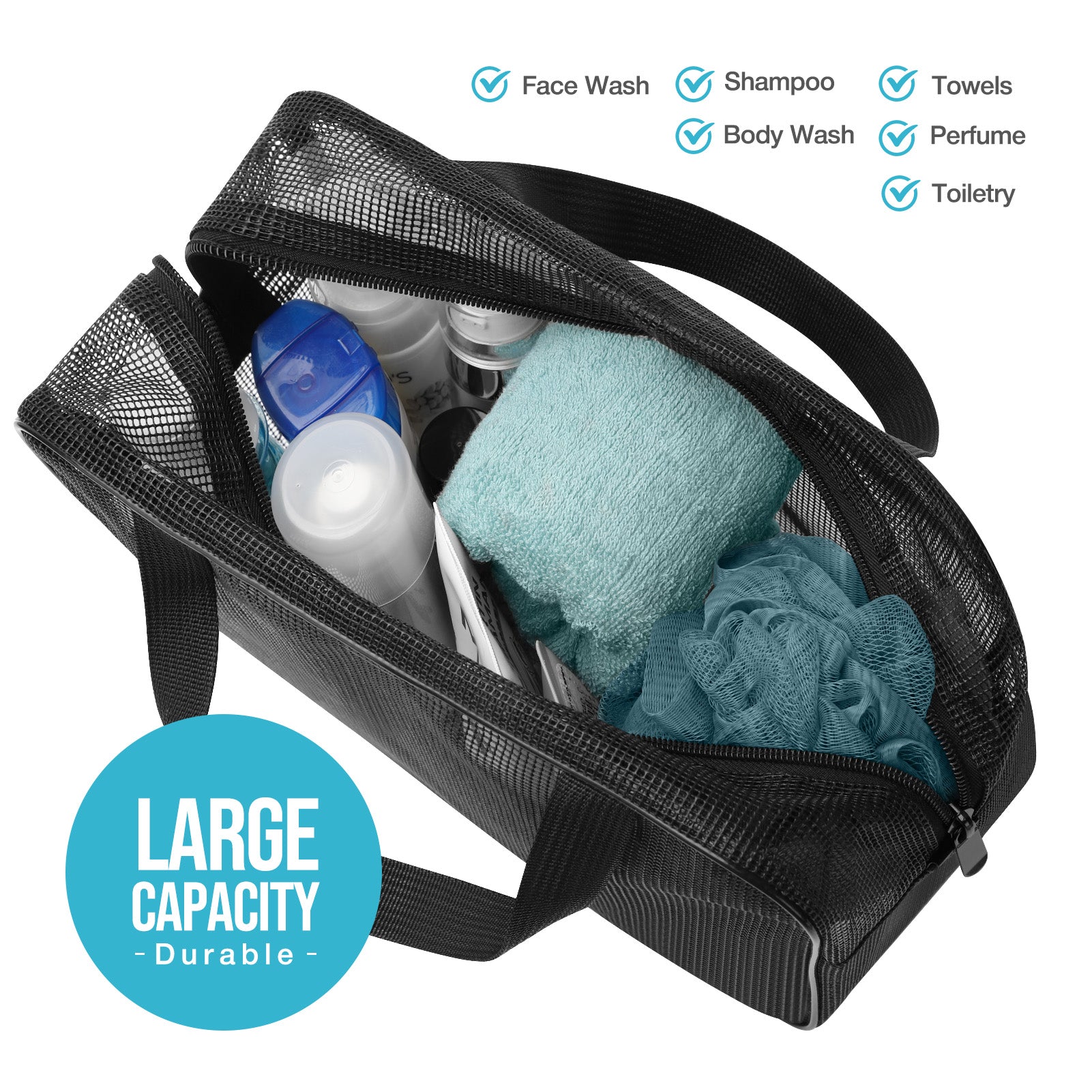 Livhil Mesh Shower Caddy Space Portable Toiletry Mesh Shower Gym Tote Gym Bag for College Dorm Bathroom ， 12''(L) x4.3'' (W) x7.9'' (H) (Black Large)