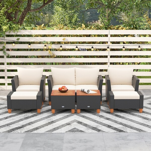 Gymax 7 PCS Patio Furniture Set w/ Loveseat Armchairs Ottomans and