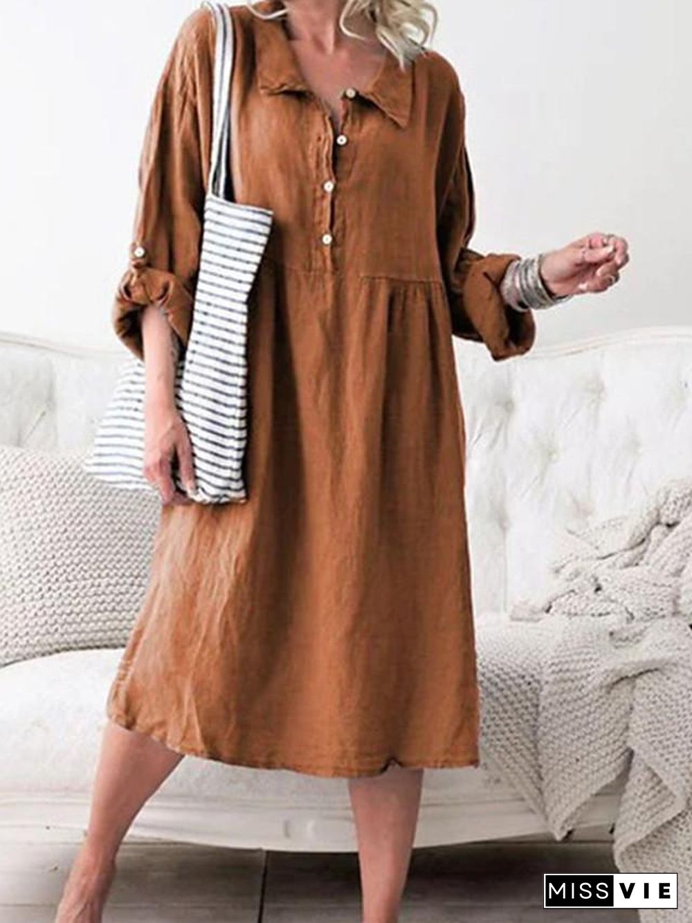 Women's Shirt Dress Midi Dress - Long Sleeve Solid Color Shirt Collar Hot Denim Blue Purple Army Green Orange Khaki S M L XL XXL Linen