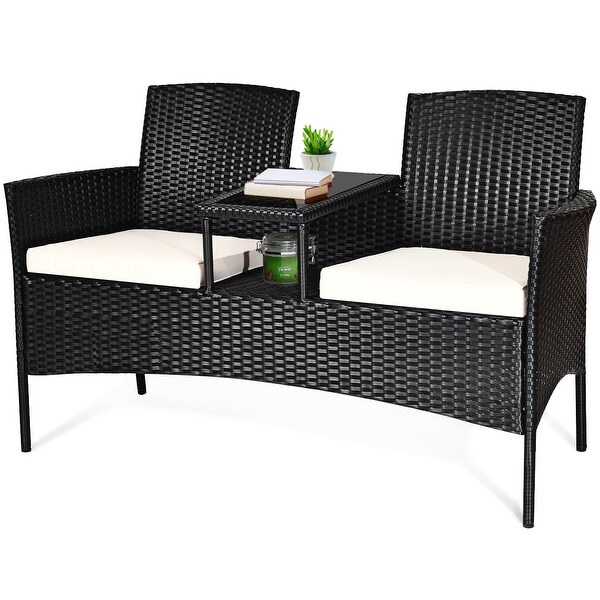 Costway Patio Rattan Conversation Set Seat Sofa Cushioned Loveseat