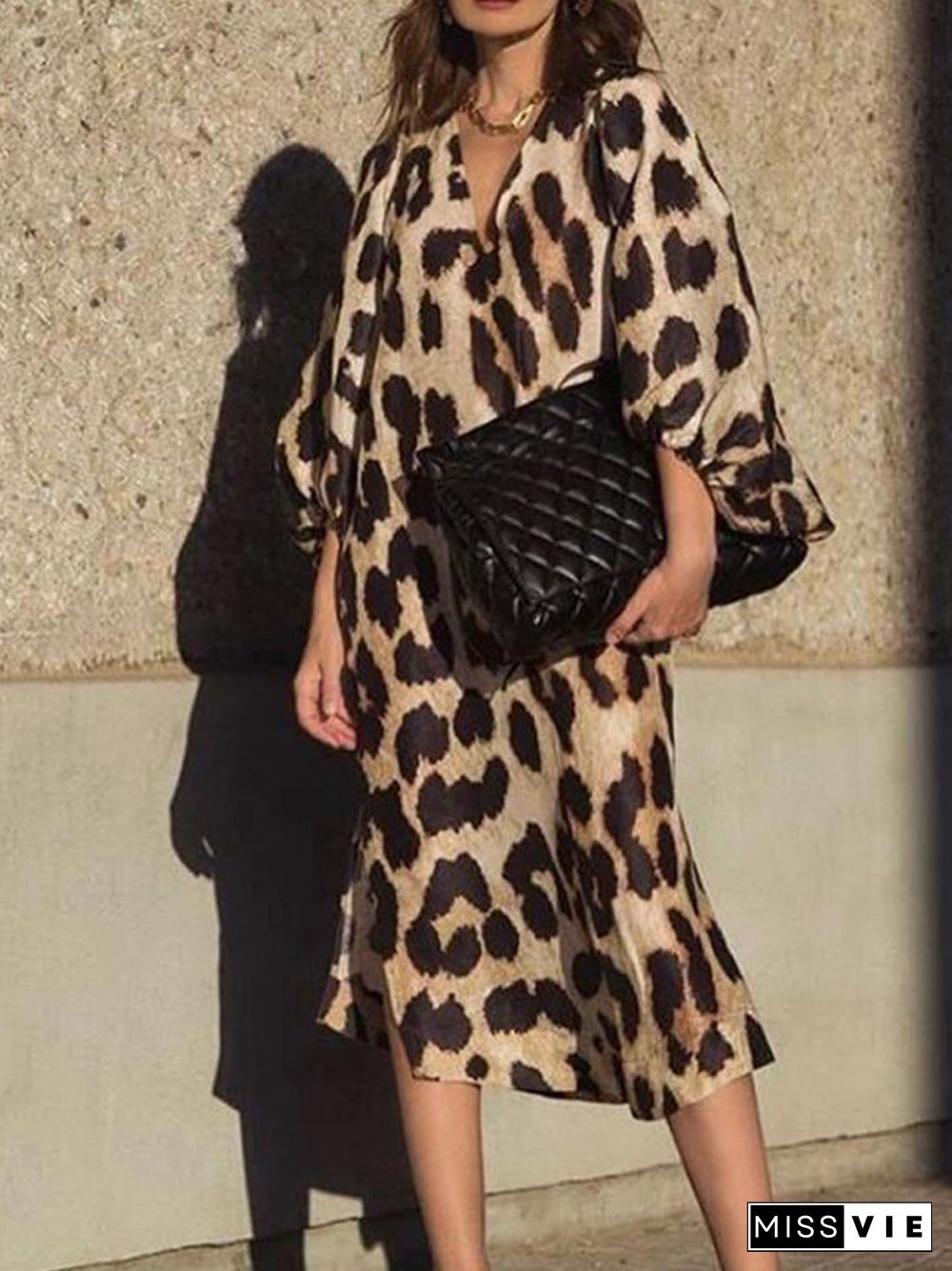 Fashion Leopard Print Loose Lantern Sleeve Dress Long Skirt