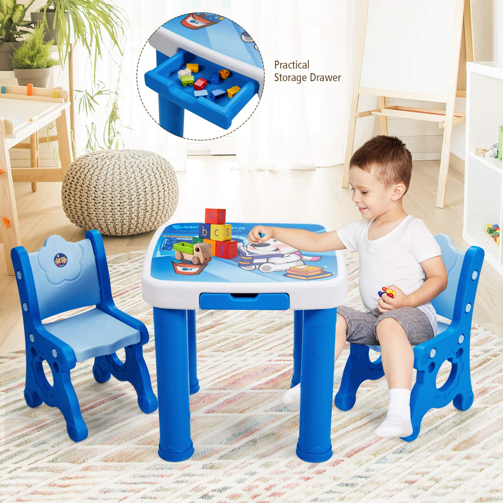 Costzon Kids Table and Chair Set, 3-Piece Toddler Activity Table and Chairs with Storage Drawer