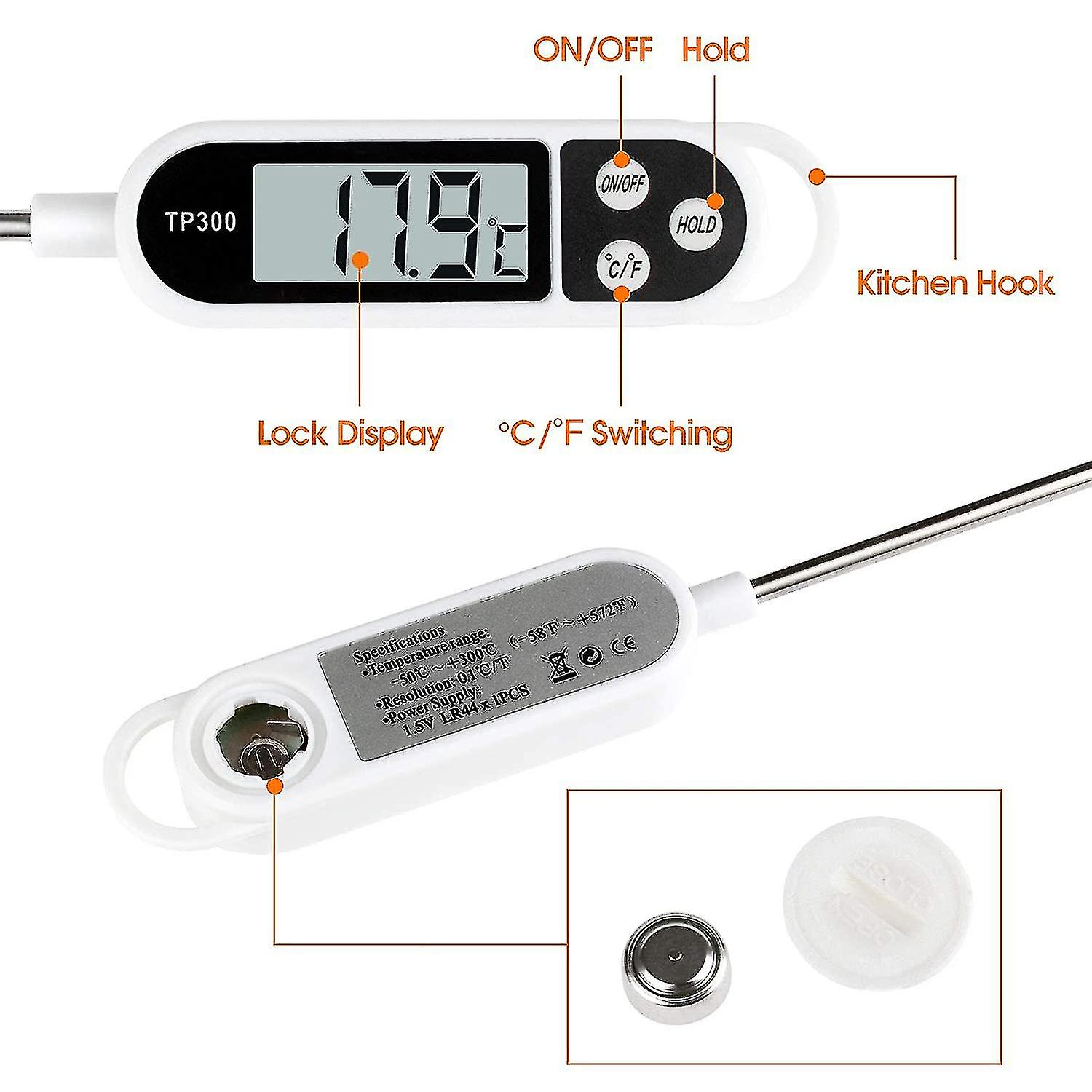 Kitchen Thermometer， Digital Digital Thermometer With Long Probe， Instant Read Cooking Thermometer， Meat Thermometer For Food， Meat， Oil， Milk， Wine，