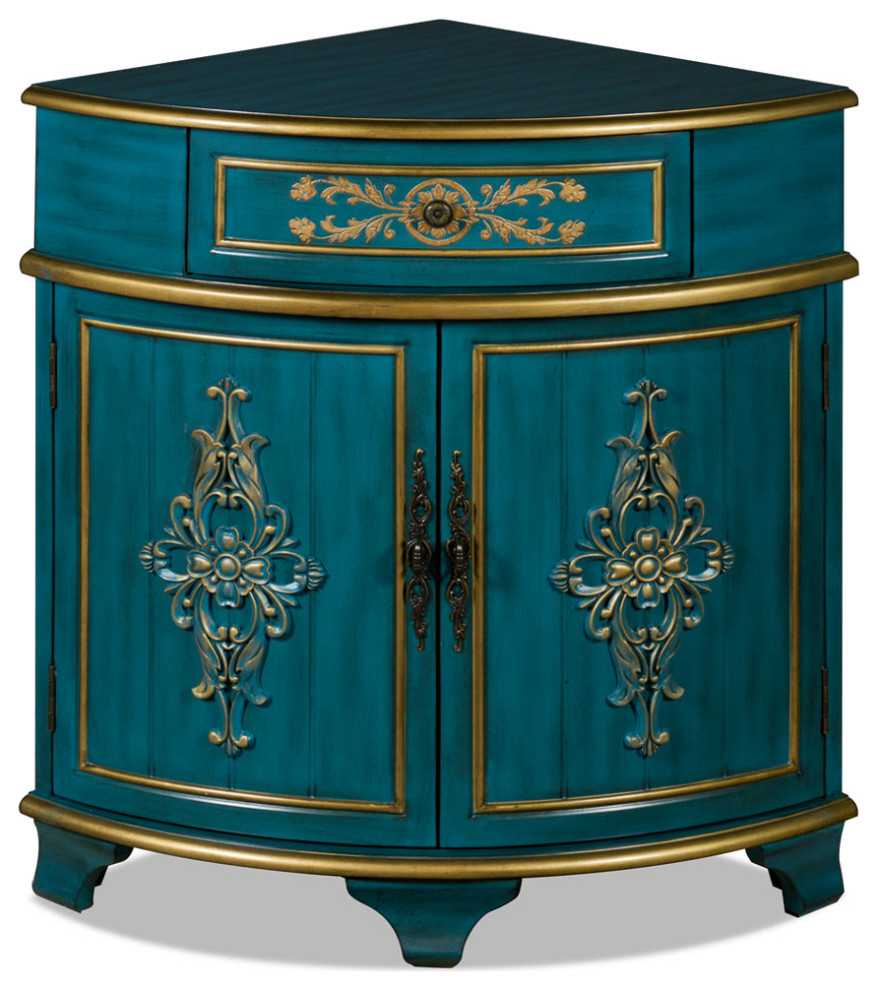 Aquamarine Blue and Gold French Style Asian Round Corner Cabinet   Traditional   Accent Chests And Cabinets   by China Furniture and Arts  Houzz