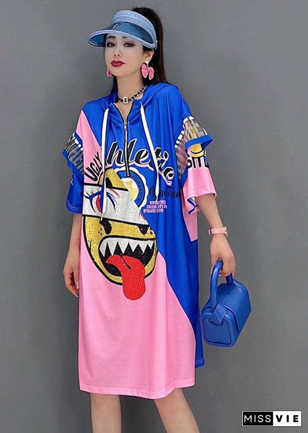 Modern Blue Red Hooded Drawstring Zippered Print Robe Dresses Short Sleeve