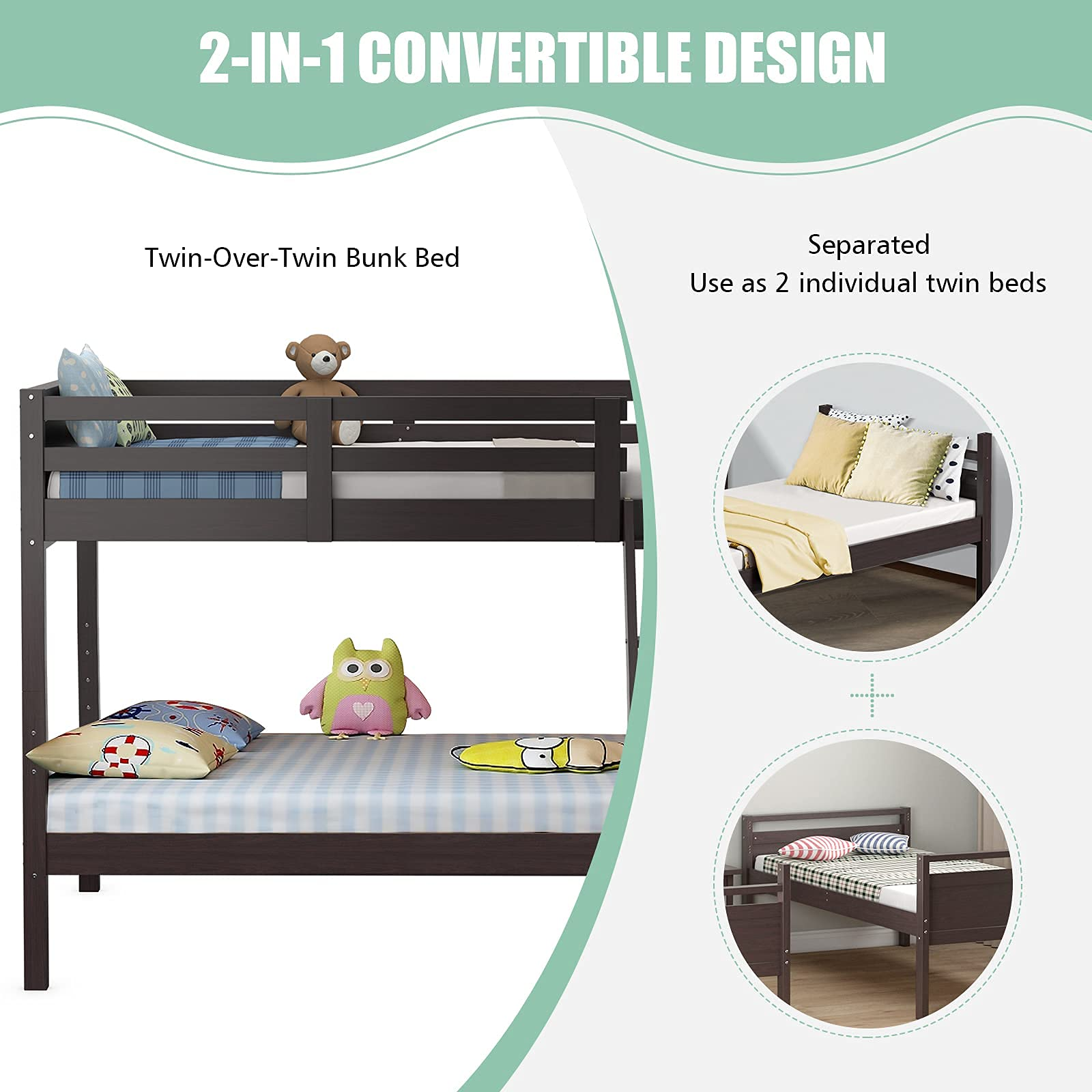 Costzon Twin-Over-Twin Wood Bunk Bed, 2-in-1 Convertible Space-Saving Bunk Bed for Bedroom Dorm Guest Room