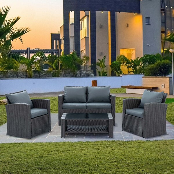 4Piece PE Wicker Patio Conversation Set with Cushions