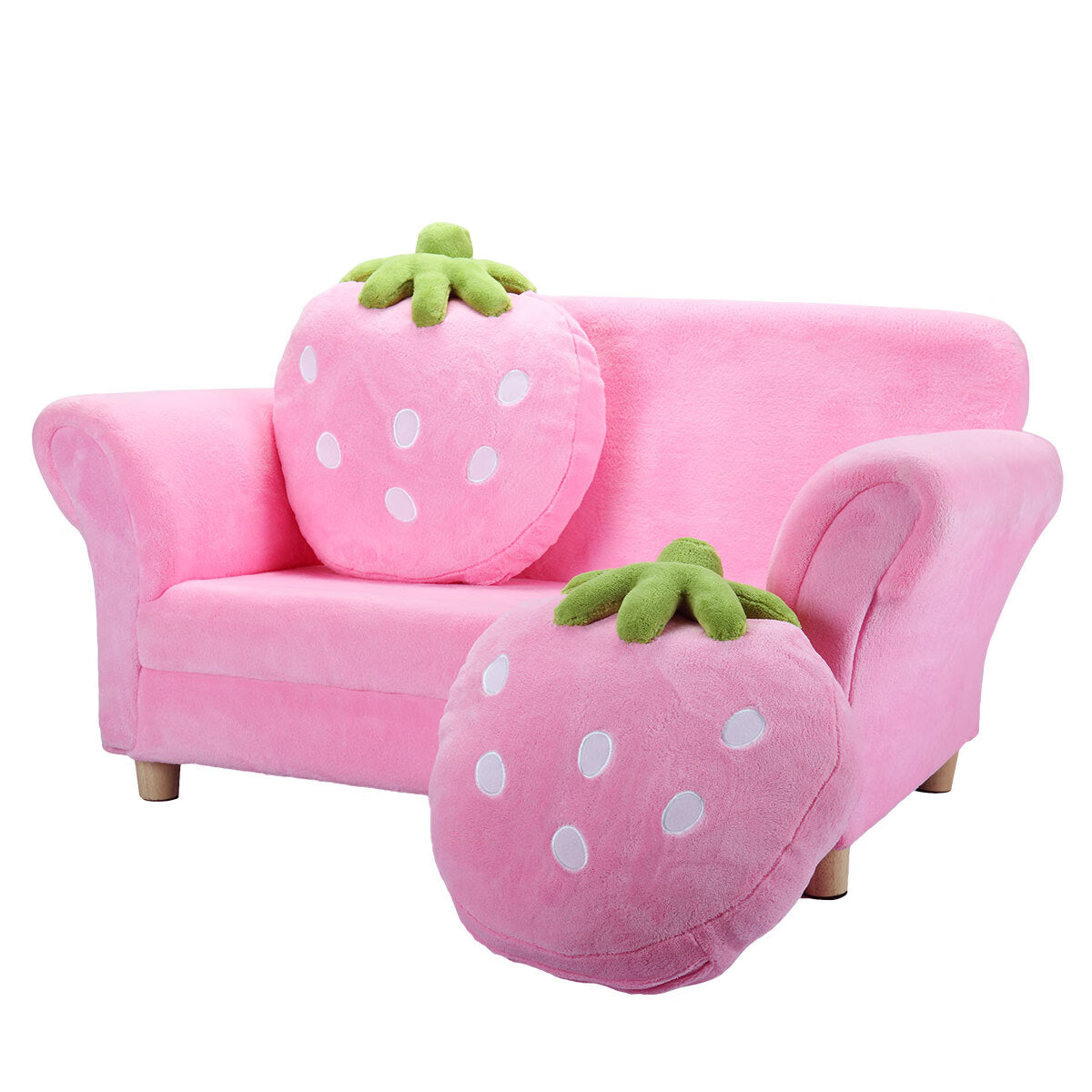 Fchunhe Home Coral Cotton Kids Couch with 2 Lovely Pillows and Solid Wood Foot Stool Pink