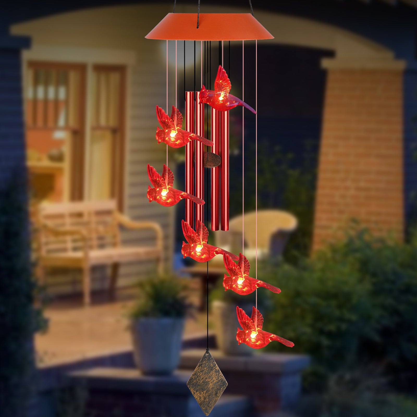 Cardinal Bird Solar Wind Chimes， TSV LED Red Tubes Wind Belles with S Hook for Outside， IP65 Water and Moisture-Proof for Patio Garden Home， Memorial Gift Decor