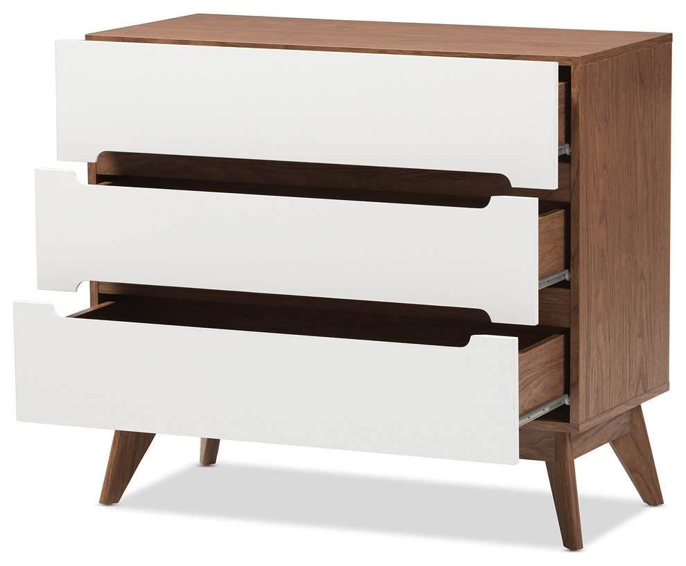 Calypso Mid Century Modern White and Walnut Wood 3 Drawer Storage Chest   Midcentury   Accent Chests And Cabinets   by HedgeApple  Houzz