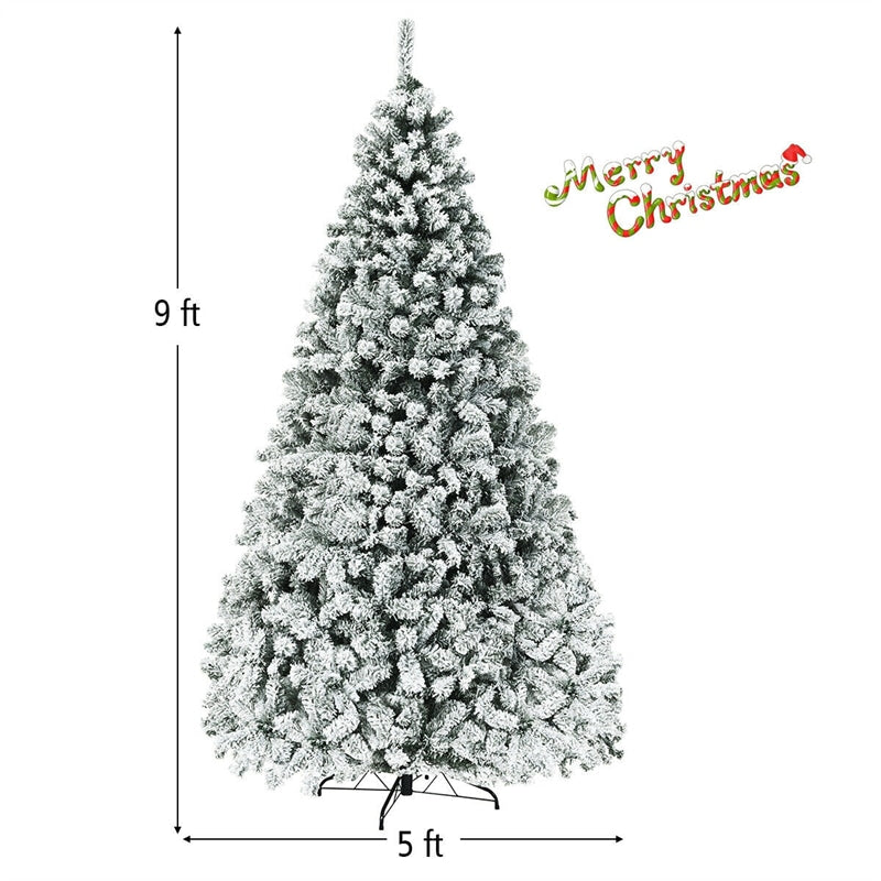 6/7.5/9FT Pre-Lit Hinged Artificial Christmas Tree, Premium PVC Snow Flocked Pine Tree with Metal Stand