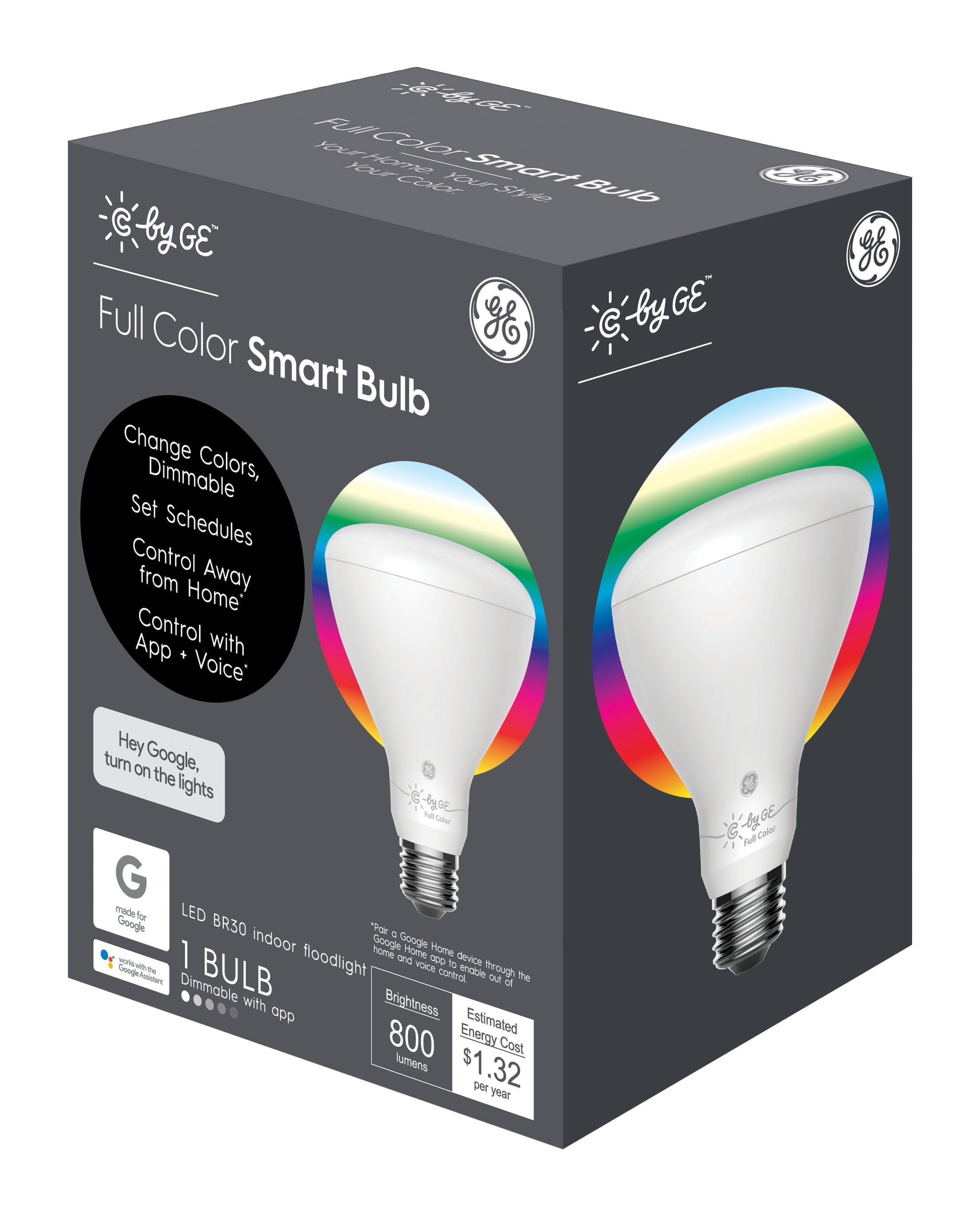 GE CYNC Smart LED Indoor BR30 Floodlight Bulb， Full Color， 180 Degree Beam Spread