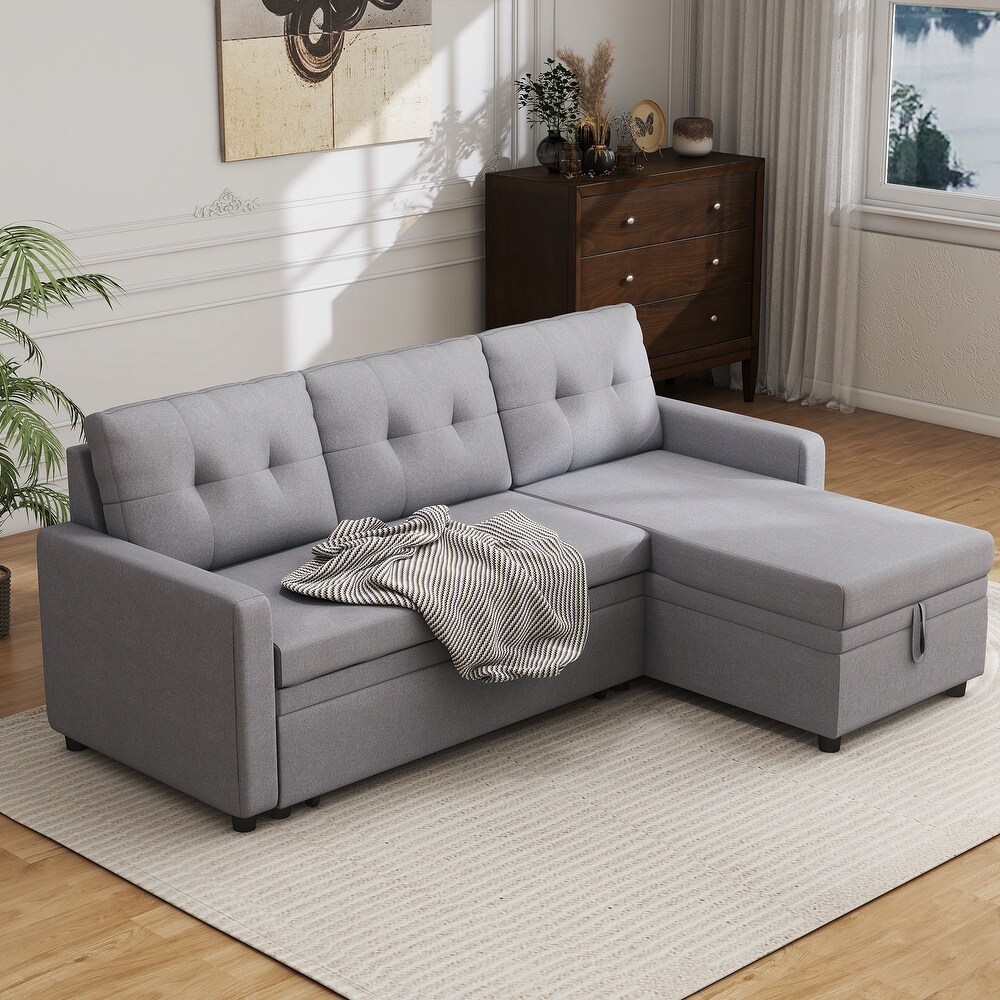 Linen L Shaped Couch Reversible Sleeper Sectional Sofa with Storage Ottoman