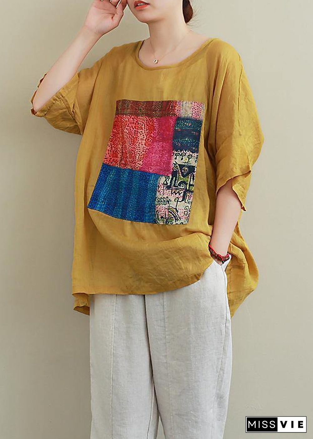 French yellow linen Blouse o neck patchwork summer top