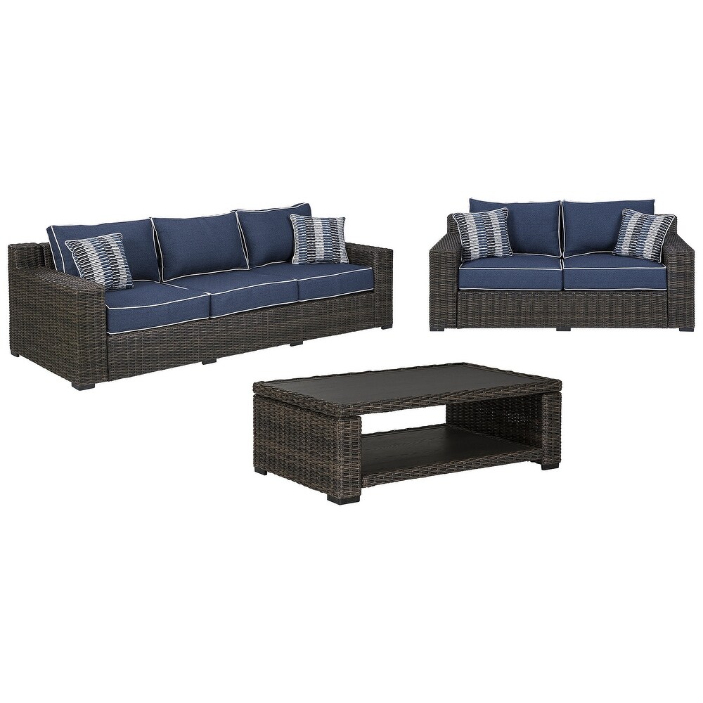 Signature Design by Ashley Grasson Lane Brown/Blue 3 Piece Outdoor Sofa and Loveseat with Coffee Table   97.13\