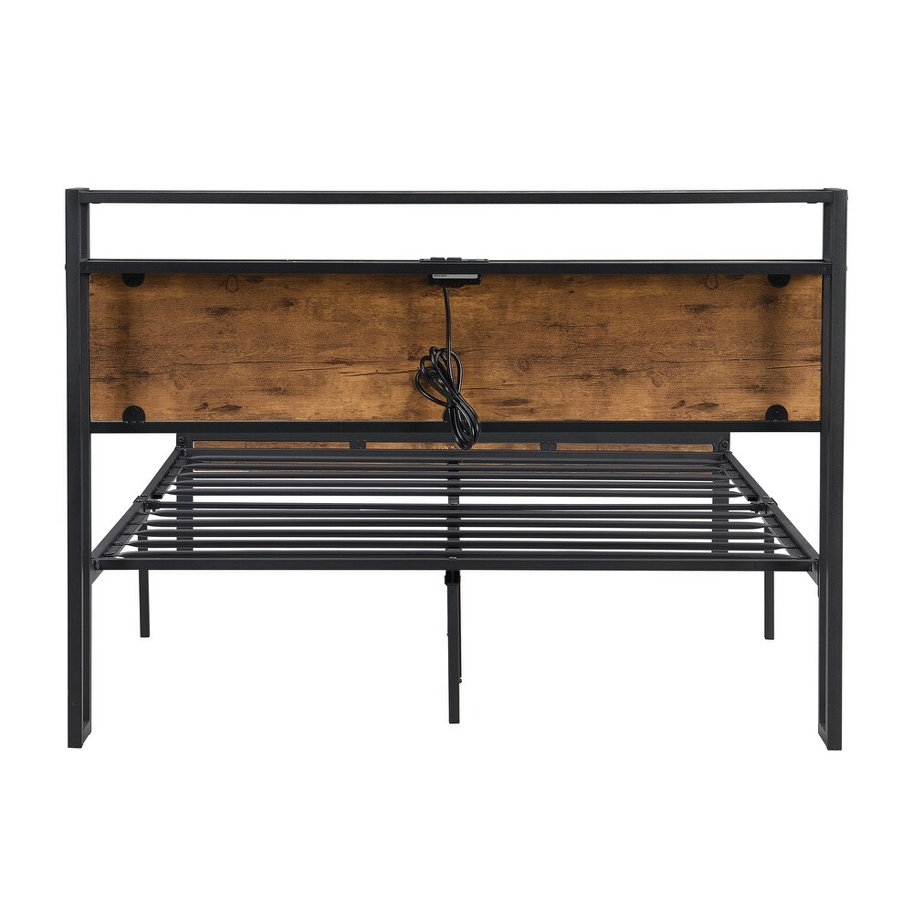 Queen Size Modern Style Metal Platform Bed Frame with Footboard and Wooden Headboard with USB LINER Large Under Bed Storage