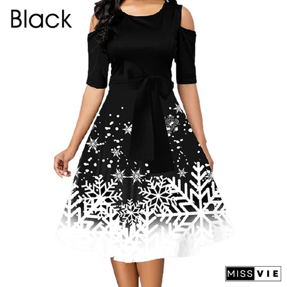 Women Fashion Belted Snowflake Print Christmas Dress Cold Shoulder Round Neck Party Dress Plus Size A-Line Dresses