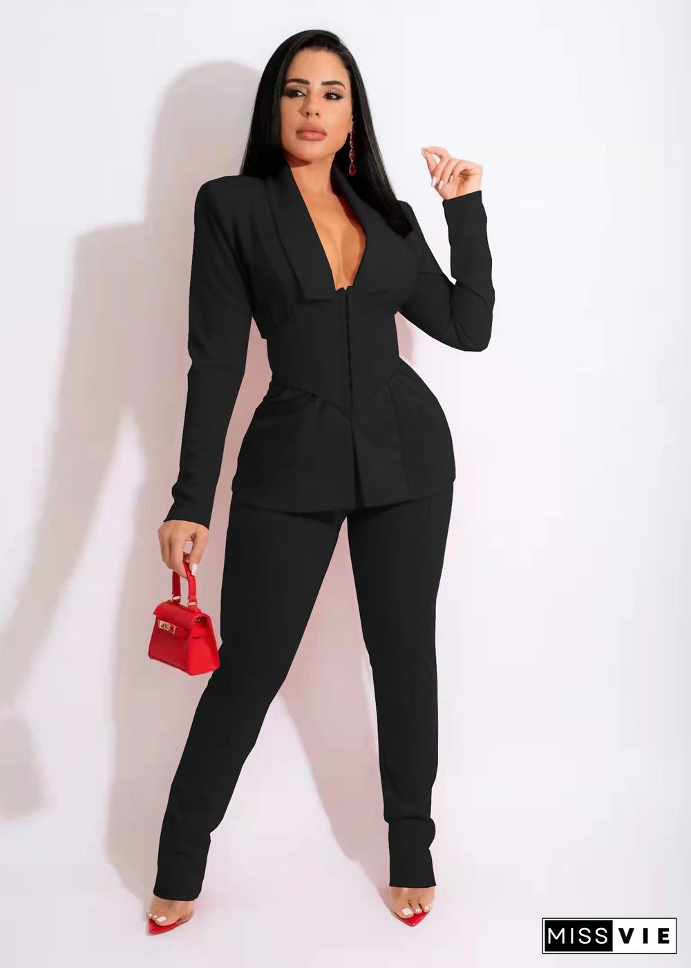 Solid Blazers with Girdle Corset and Pants Suit