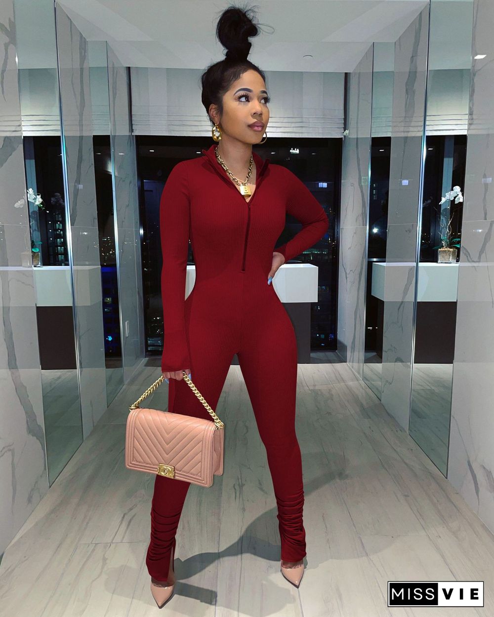 Solid Color High Stretch Zipper Bodycon Jumpsuit