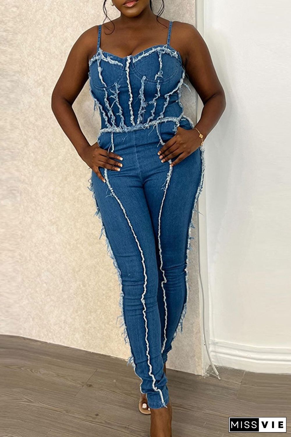 Blue Street Solid Tassel Patchwork Zipper Spaghetti Strap Skinny Jumpsuits