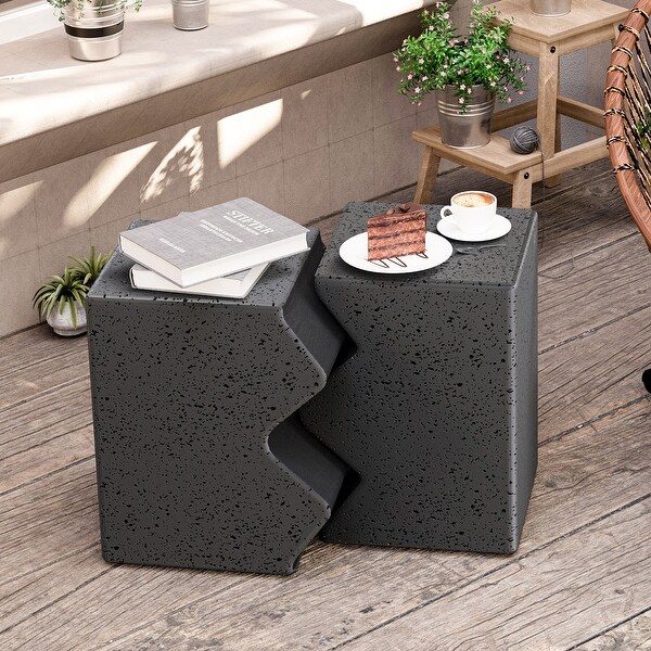 Outdoor Concrete Side Table w Spotted，Set of 2 Patio Rectangular End Table