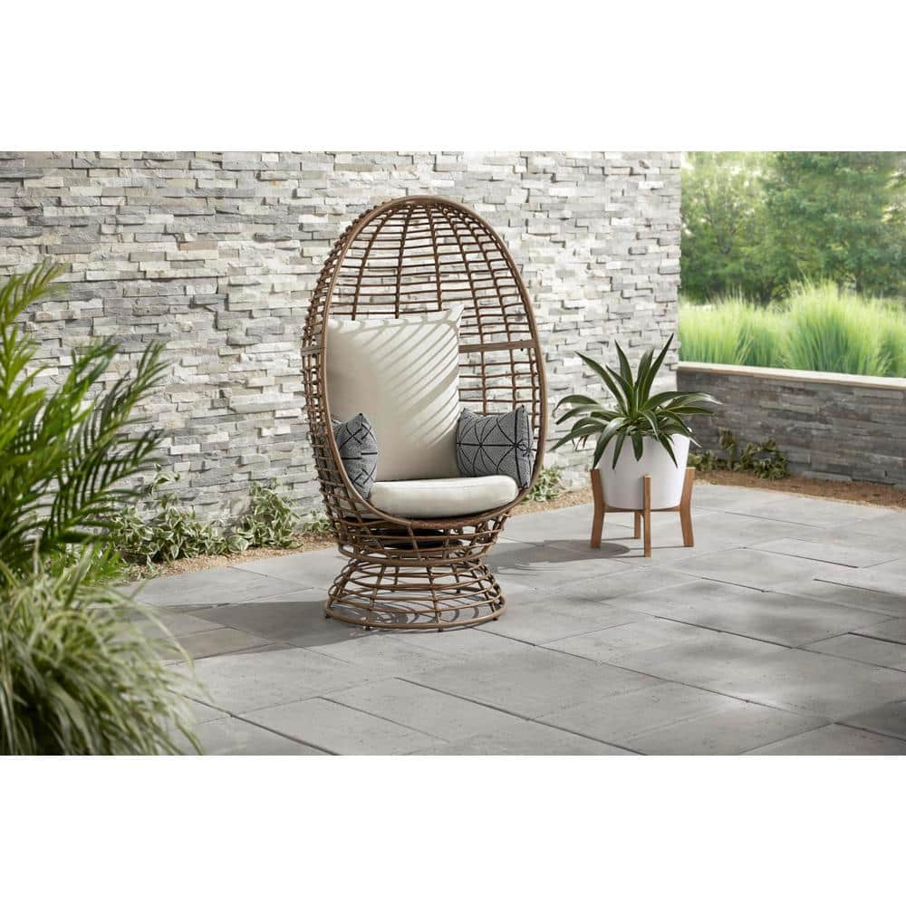 StyleWell Brown Wicker Outdoor Swivel Patio Egg Lounge Chair with Beige Cushions and Black/Cream Pattern Pillows FRS50006B-BR