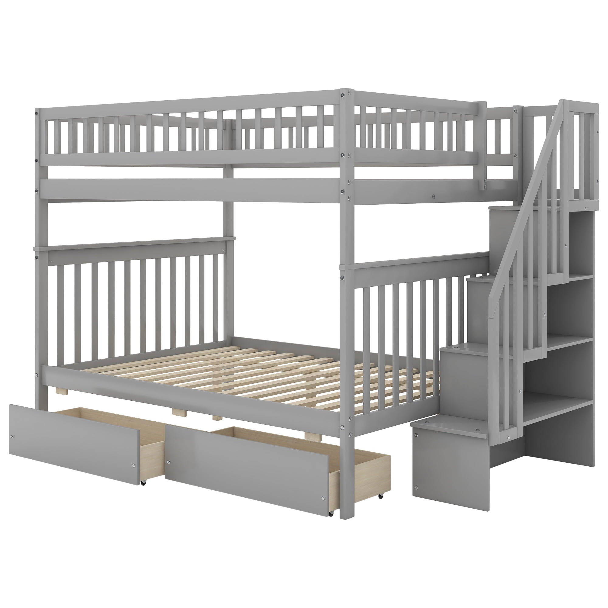 Euroco Full over Full Bunk Bed with Storage Shelves and 2 Under Storage Drawers for Kids Room