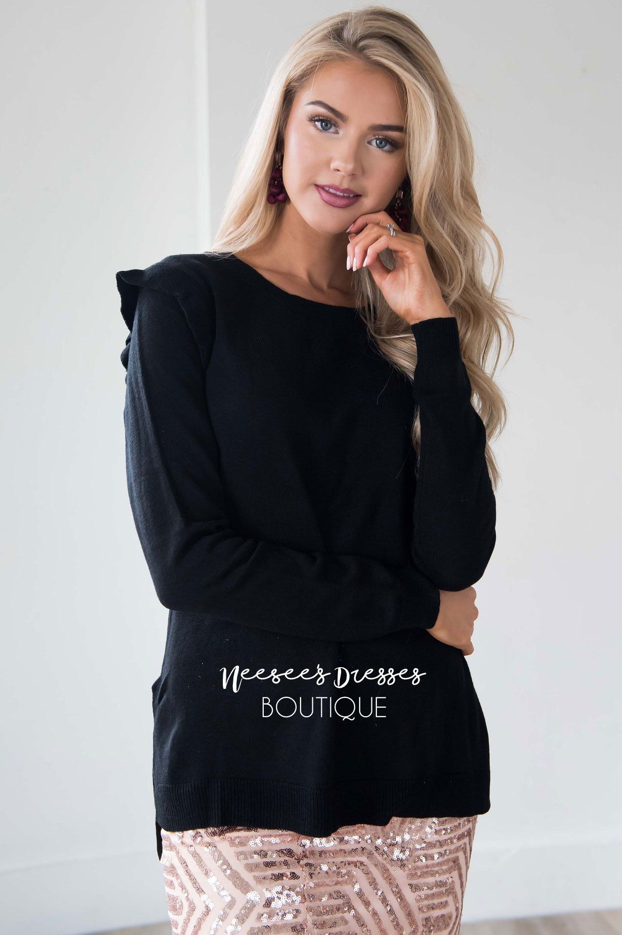 Black Ruffle Shoulder Sweater