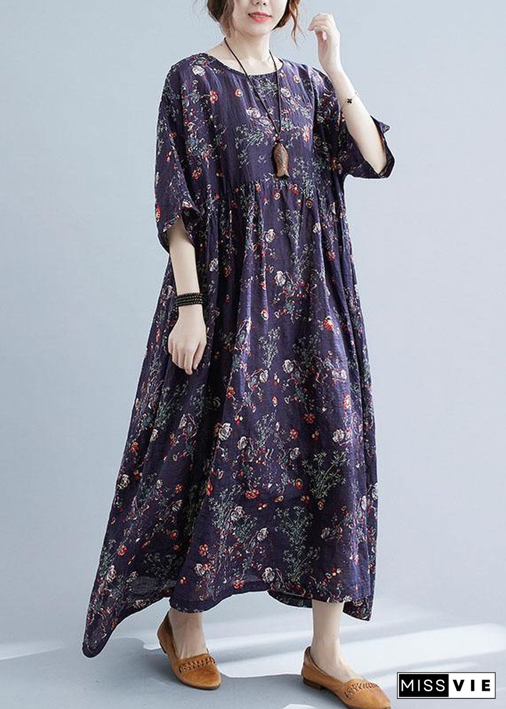 French Navy Print Pockets Loose Summer Half Sleeve Long Dress