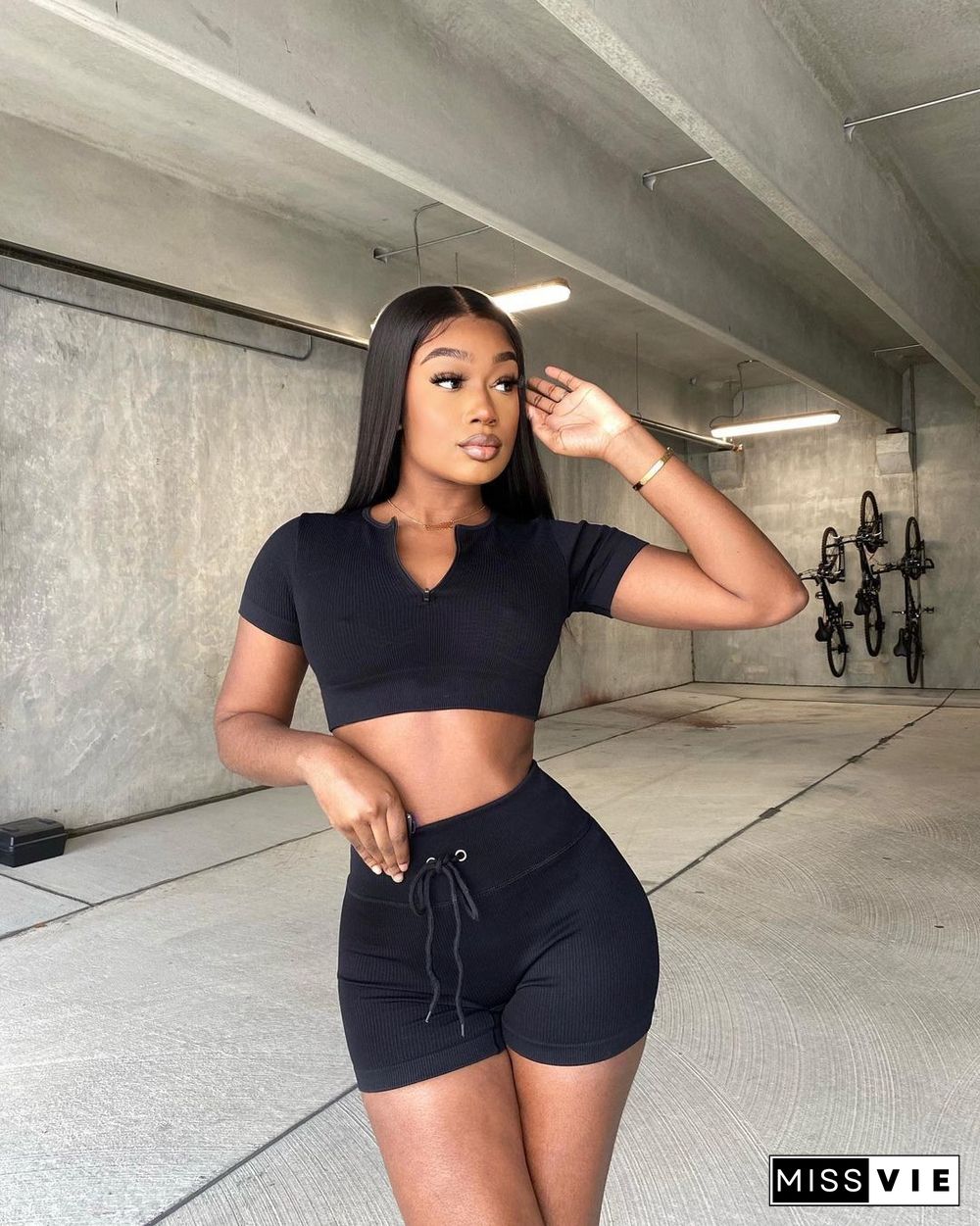 Knitted Short Sleeve Crop Top Biker Shorts Tracksuits