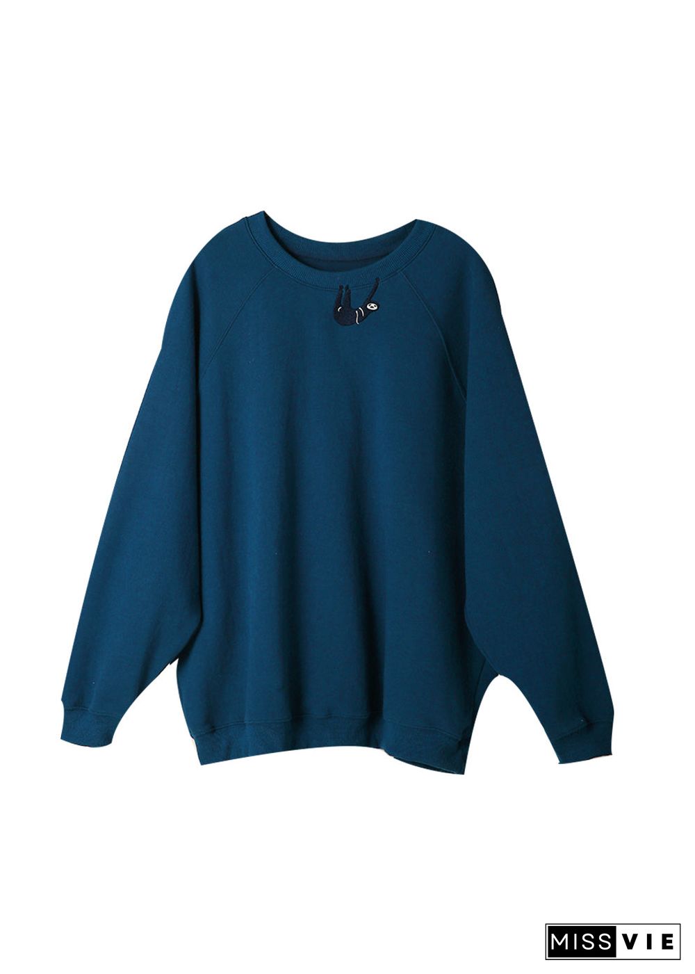 Cute Blue O-Neck Embroideried Cotton Sweatshirts Fall