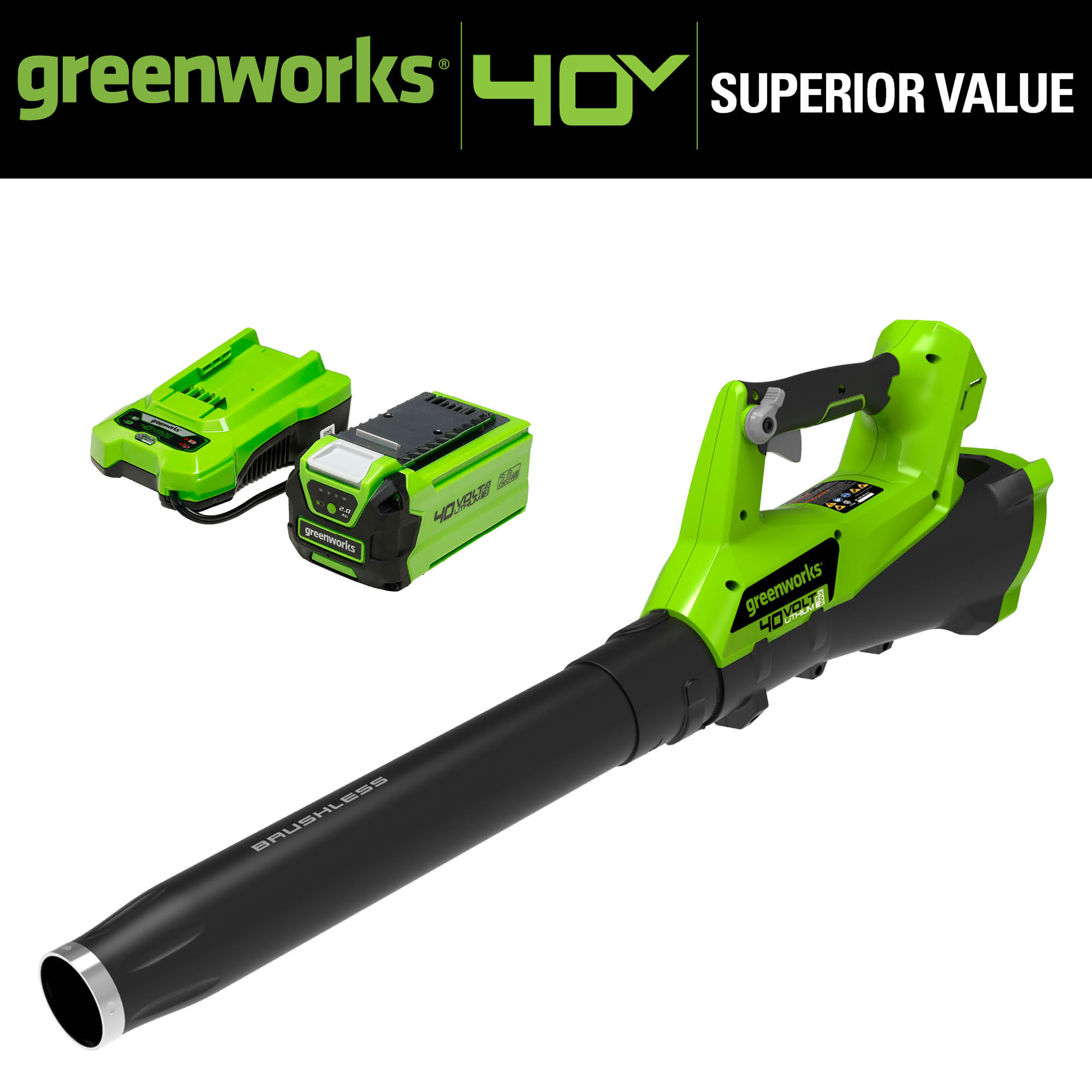 Greenworks 40V Brushless Leaf Blower with 2.0 Ah Battery and Charger， 2400302