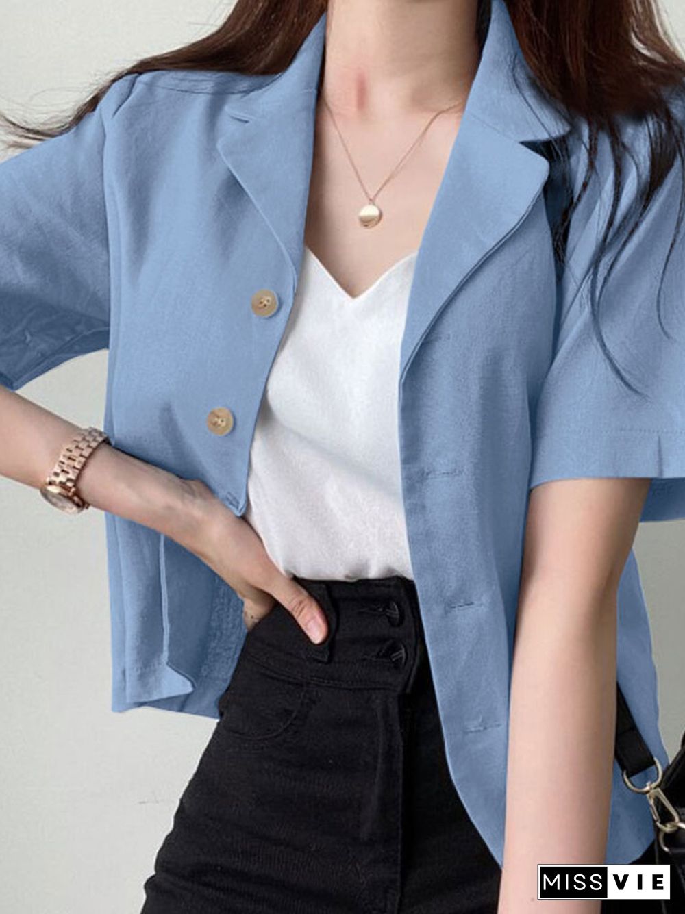 Solid Button Front Lapel Short Sleeve Casual Blazer