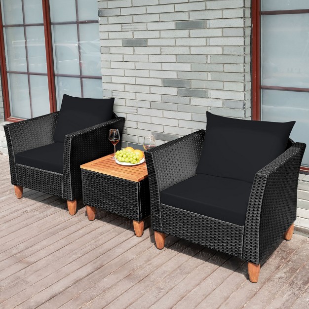 Costway 3 Pcs Outdoor Patio Rattan Bistro Furniture Set Wooden Table Top Cushioned Sofa Black Brown