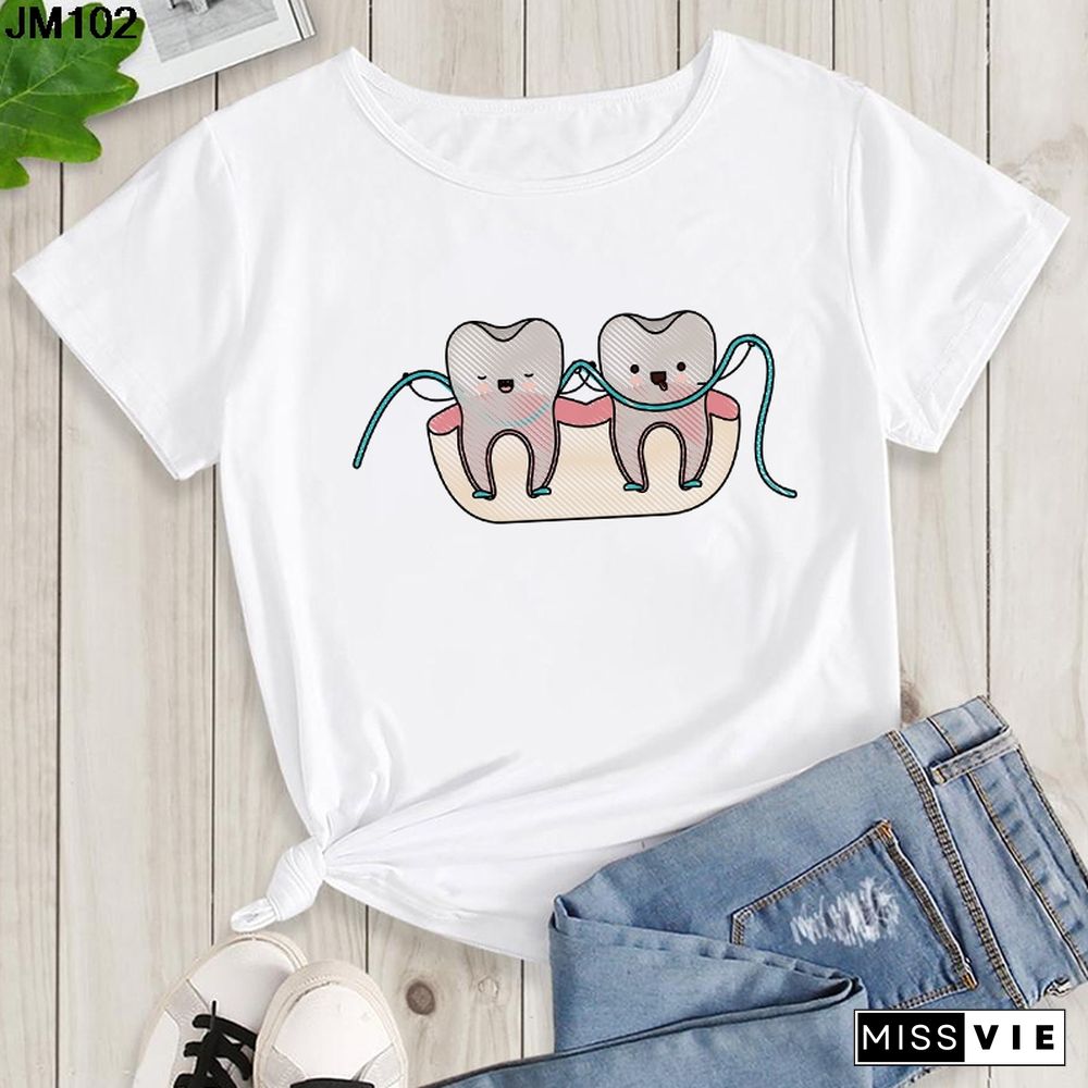 Aesthetic Funny Tooth Dentist Print Female Clothing T-shirt 90s Harajuku Kawaii O-neck Tshirt Summer Fashion Women's Top T Shirt