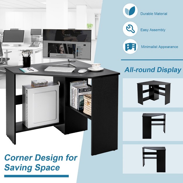 Costway Corner Computer Desk Triangle Writing Workstation W Storage Shelf White black