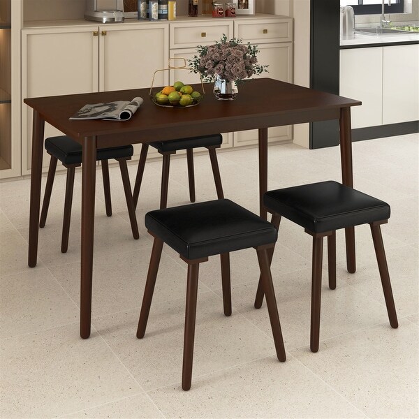 Gymax 5PCS Dining Table Set for 4 w/ 4 Upholstered Stools Rubber Wood