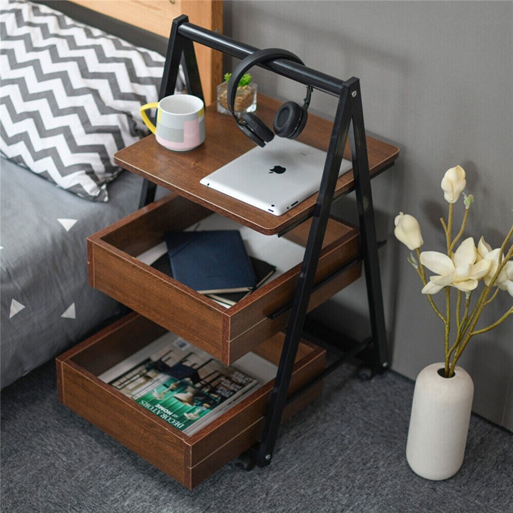 Wooden Brown Nightstand 3 Tier Wild Oak End Table