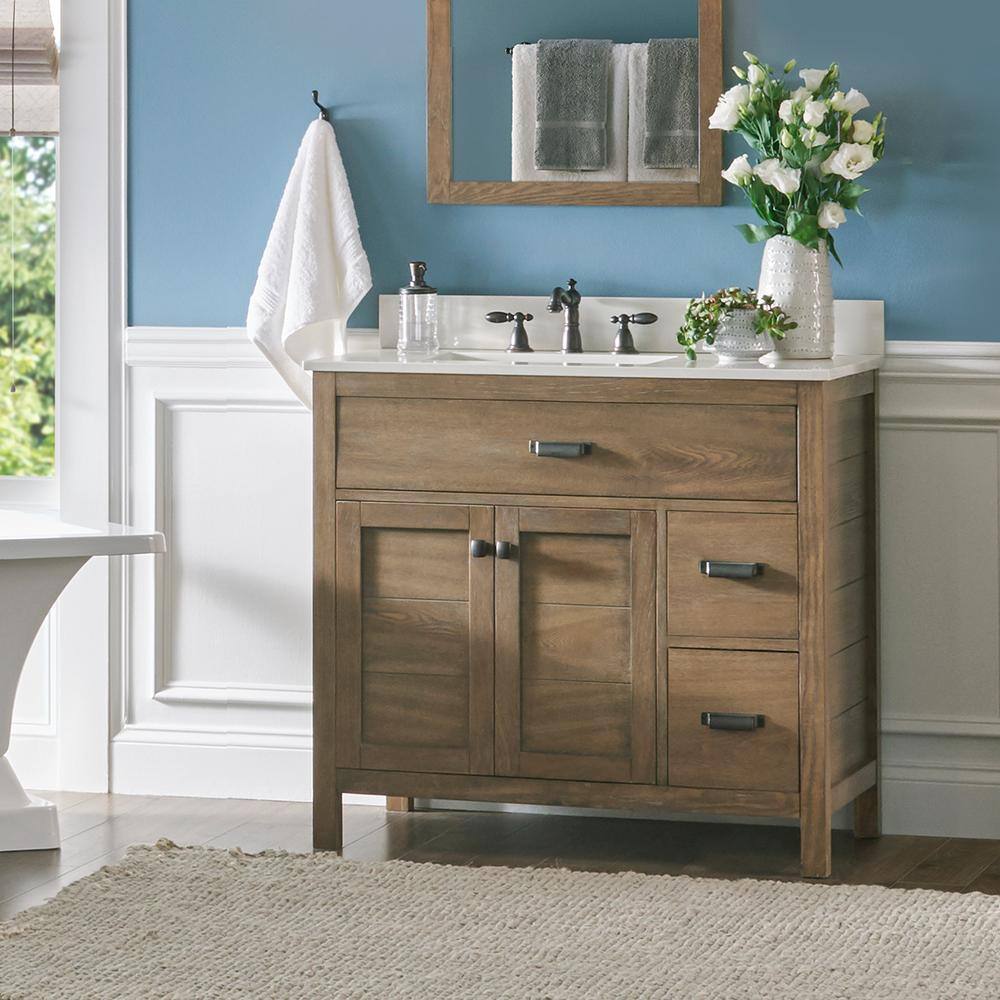 Home Decorators Collection Stanhope 31 in. W x 22 in. D Vanity in Reclaimed Oak with Engineered Stone Vanity Top in Crystal White with White Sink SNOVT3122DR