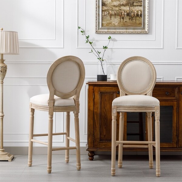 2Pcs Linen Upholstered Barstools with Wooden Legs and Backrest