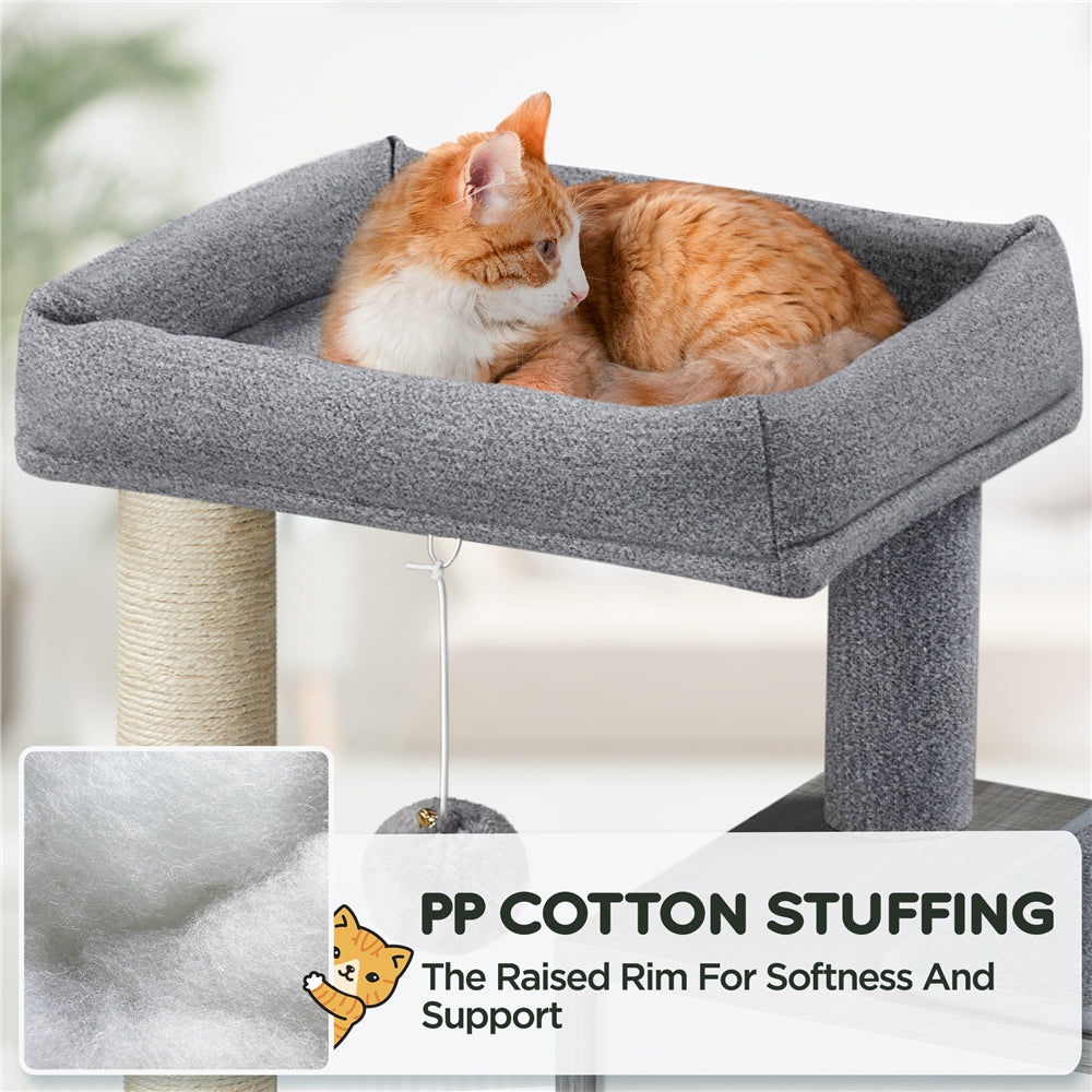 SMILE MART Multilevel Cat Tree Wooden Activity Tower with Two Condos Perch Scratching Posts Basket， Light Gray