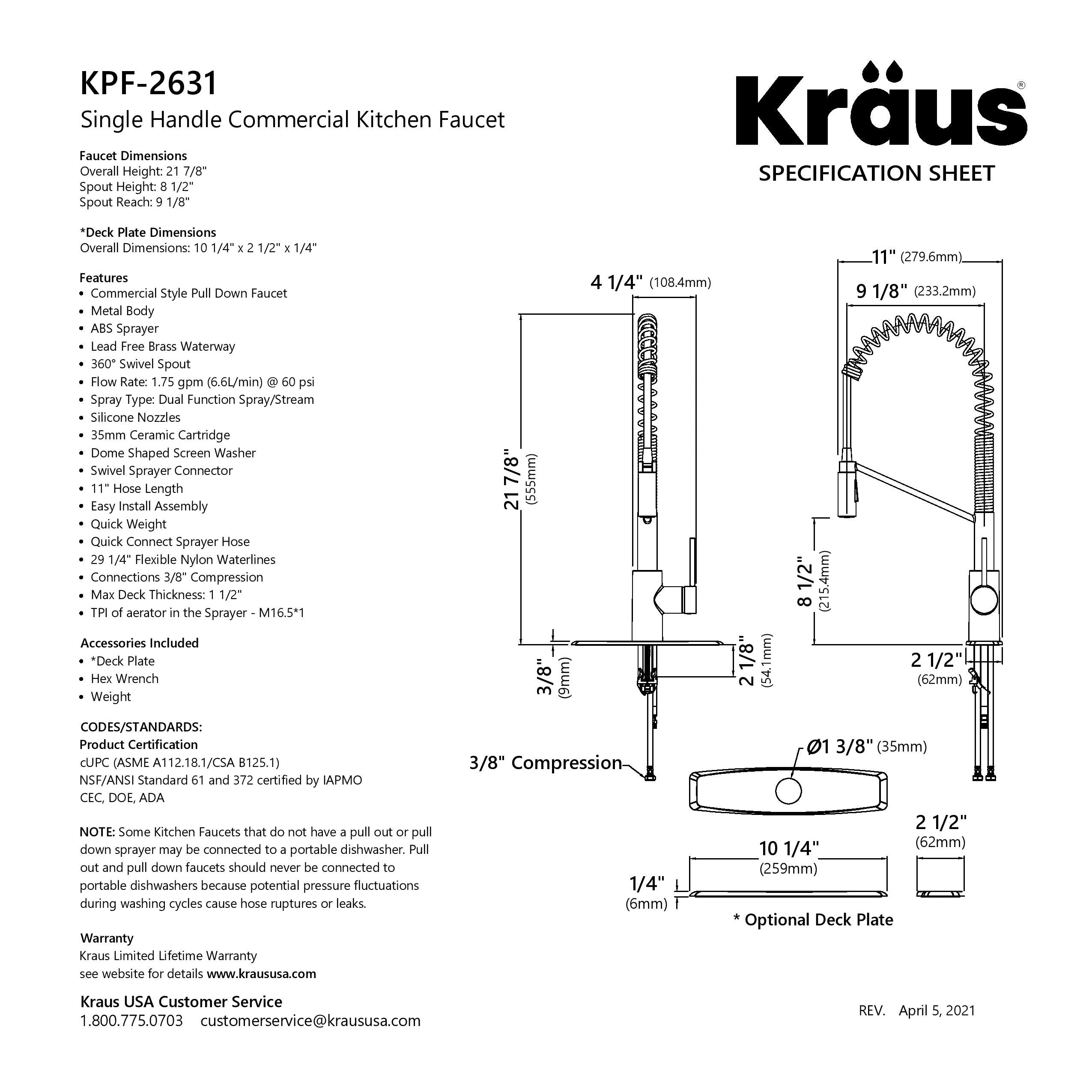 Kraus Oletto Commercial Style Pull-Down Single Handle Kitchen Faucet with QuickDock Top Mount Installation Assembly in Matte Black