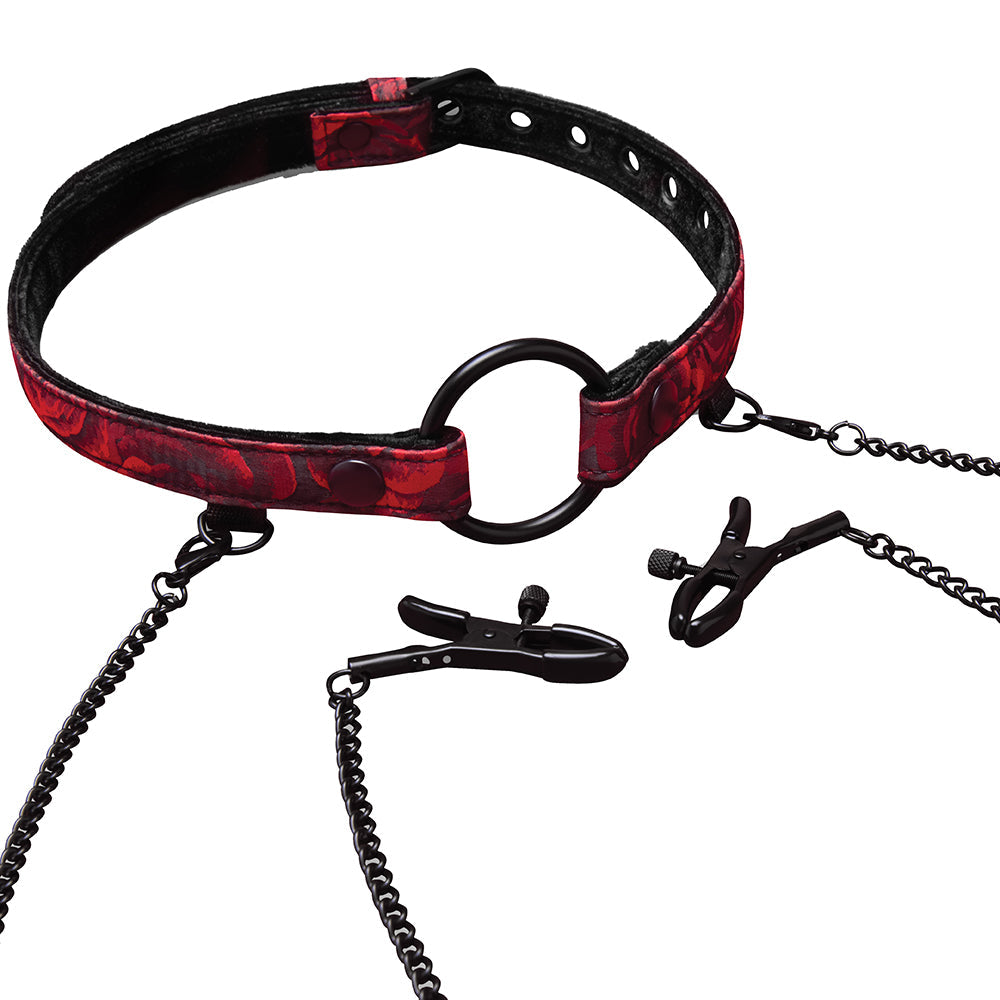 Secret Kisses Rosegasm Ring Gag With Clamps