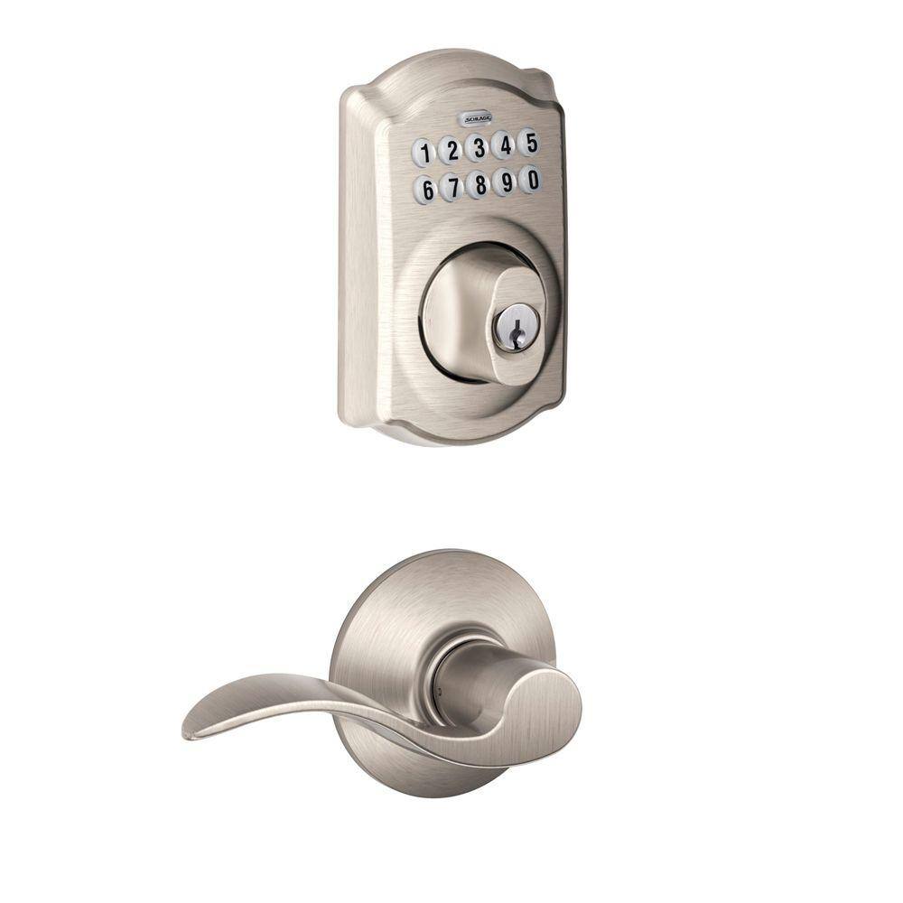 Schlage Camelot Satin Nickel Electronic Keypad Deadbolt Door Lock with Accent Door Handle FBE365 V CAM 619 ACC