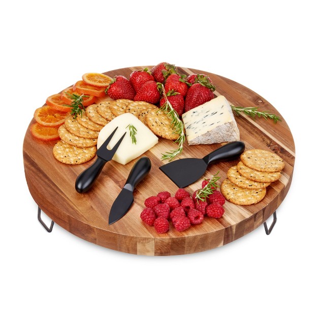 Twine Acacia Cheese Board And Knife Set Footed Cheese Snack Tray And Cheese Knives Set Cooking Accessories 16inch Diameter